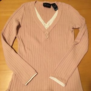 Pink and White V-Neck Sweater with Buttons